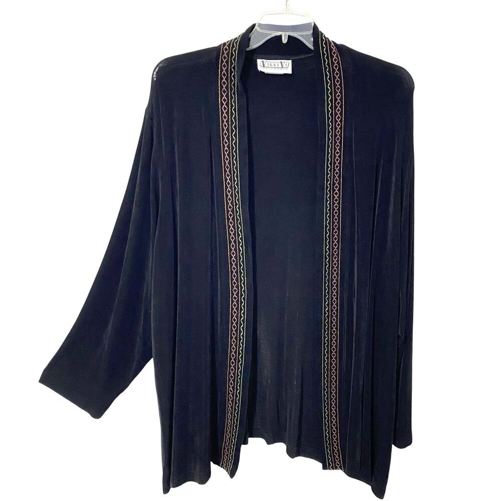 VTG Vikki Vi EMBROIDERED Slinky Knit OPEN FRONT Jacket 3X Black Acetate